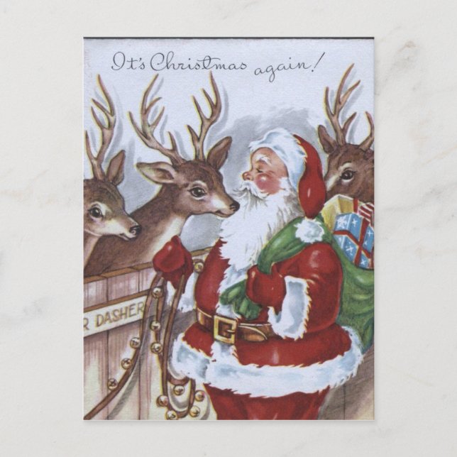 Vintage Santa reindeer Holiday postcard (Front)