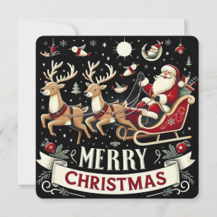 Vintage Santa & Reindeer Starry Night Christmas Invitation