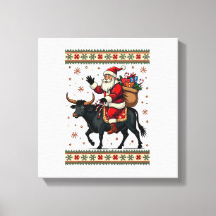 Vintage Santa Riding Highland Cow Christmas Vector Canvas Print
