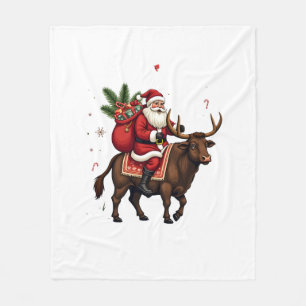 Vintage Santa Riding Highland Cow Christmas Vector Fleece Blanket