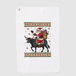Vintage Santa Riding Highland Cow Christmas Vector Golf Towel