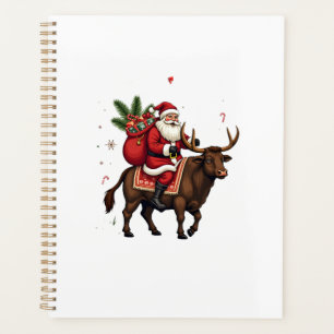 Vintage Santa Riding Highland Cow Christmas Vector Planner