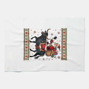 Vintage Santa Riding Highland Cow Christmas Vector Tea Towel