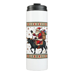 Vintage Santa Riding Highland Cow Christmas Vector Thermal Tumbler
