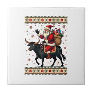 Vintage Santa Riding Highland Cow Christmas Vector Tile
