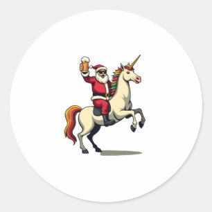Vintage Santa Riding Unicorn Beer Christmas Funny Classic Round Sticker