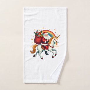Vintage Santa Riding Unicorn Rainbow Christmas Vec Hand Towel