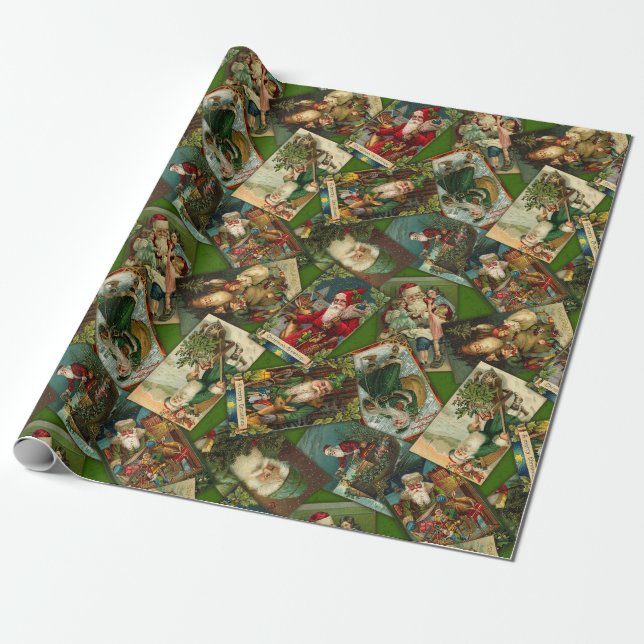 Vintage Santa Scatter Green Wrapping Paper (Unrolled)