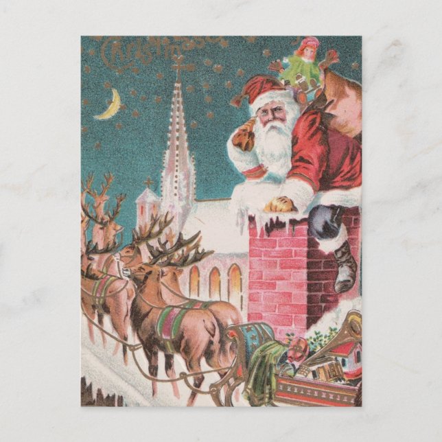 Vintage Santa Sleigh Reindeer Christmas Holiday Postcard (Front)