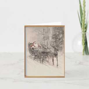 Vintage Santa Sleigh Xmas Forest Sketch T Shirt Card