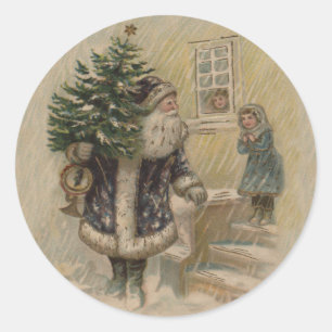 Vintage Santa Snow Christmas Tree Classic Round Sticker