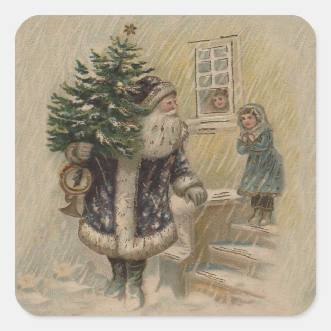Vintage Santa Snow Christmas Tree Square Sticker (Front)