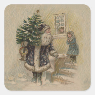Vintage Santa Snow Christmas Tree Square Sticker