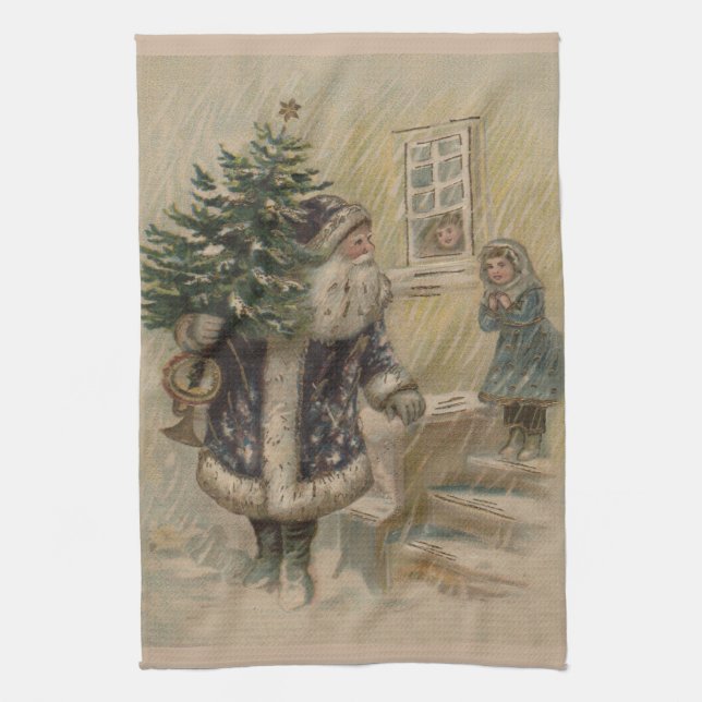 Vintage Santa Snow Christmas Tree Tea Towel (Vertical)