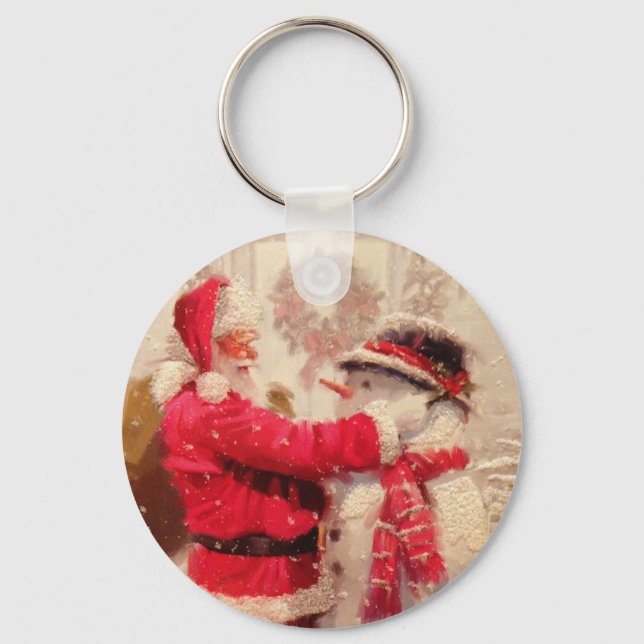 Vintage Santa Snowman Christmas Keepsake Key Ring (Front)