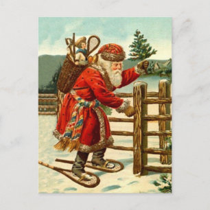 Vintage Santa snowshoe woodland rustic trekking Holiday Postcard