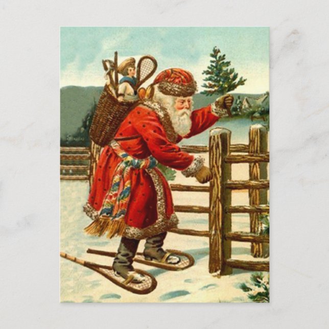 Vintage Santa snowshoe woodland rustic trekking Holiday Postcard (Front)
