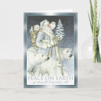 Vintage Santa Snowy Forest Winter Animals Holiday Card
