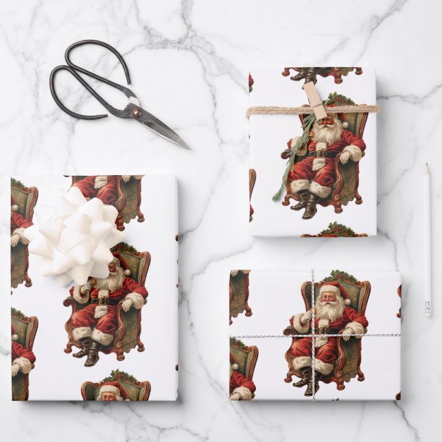 Vintage Santa Traditional Christmas Pattern Wrapping Paper Sheet (Front)