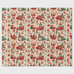 Vintage Santa Truck Gift Wrap Retro Christmas