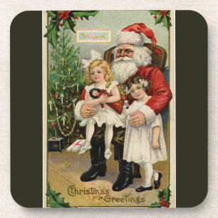 Vintage Santa Visit with Two Sweet Girls Coaster