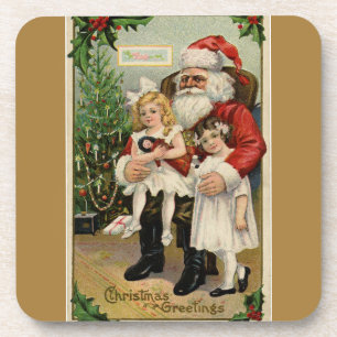 Vintage Santa Visit with Two Sweet Girls Tan Coaster