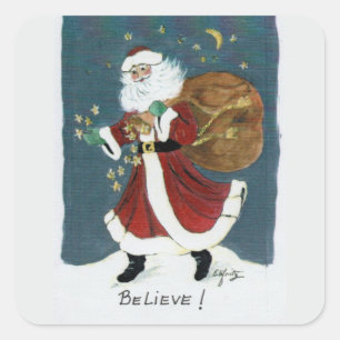 Vintage Santa with Bag Watercolor Drawing Believe Square Sticker