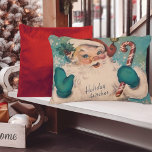 Vintage Santa with Candy Cane Christmas Decorative Cushion<br><div class="desc">This mid-century vintage Christmas card features jolly Santa Claus with red hat and blue-green mittens holding a candy cane and waving hello with "Holiday Wishes".</div>