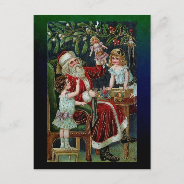 Vintage Santa with Children, Gifts and Mistletoe Postcard (Front)