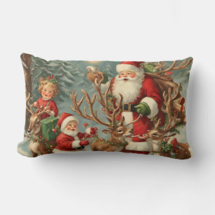 Vintage Santa with Children, Reindeer and Gifts Lumbar Cushion