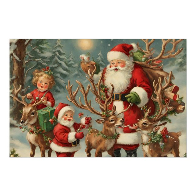 Vintage Santa with Children, Reindeer and Gifts  Poster (Front)