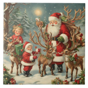 Vintage Santa with Children, Reindeer and Gifts Tile
