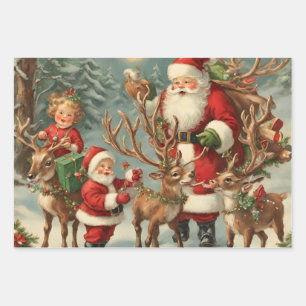 Vintage Santa with Children, Reindeer and Gifts Wrapping Paper Sheet