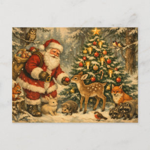 Vintage Santa with Christmas Forest Animals Holiday Postcard