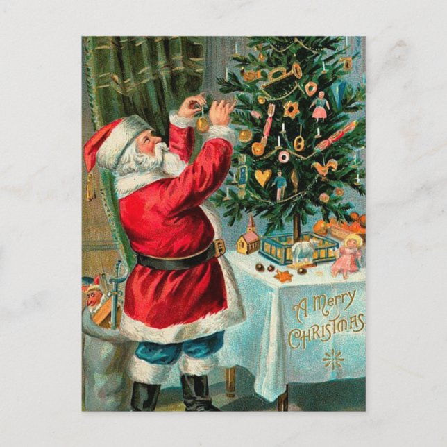 Vintage Santa with Christmas Tree Holiday Postcard (Front)