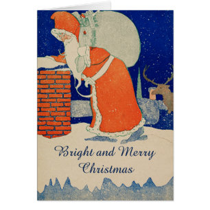 VINTAGE SANTA WITH GIFT SACK AT CHIMNEY Christmas 