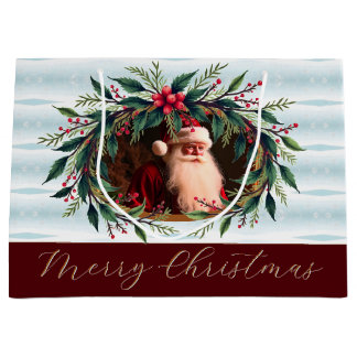 Vintage Santa With Greenery Large Gift Bag