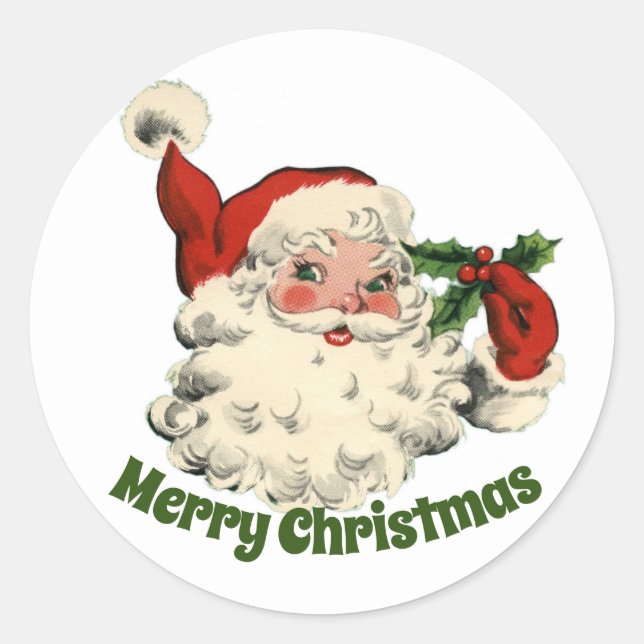 Vintage Santa With Holly Classic Round Sticker (Front)