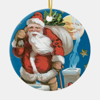 Vintage Santa with Moon - round Ceramic Tree Decoration