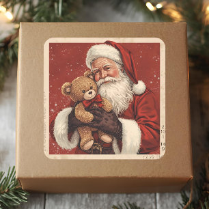 Vintage Santa With Teddy Bear Christmas Square Sticker