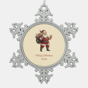 Vintage Santa with Toy Sack and Sweet Treat Snowflake Pewter Christmas Ornament