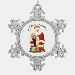 Vintage Santa with toys Snowflake Pewter Christmas Ornament