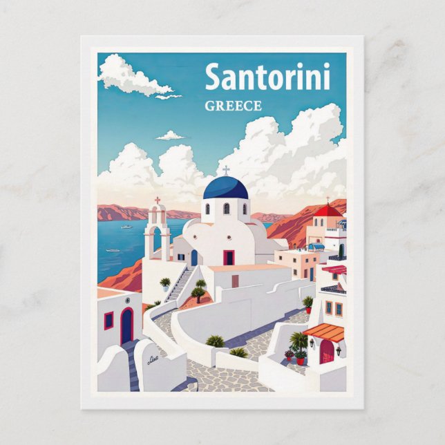 Vintage Santorini Greece Blue Church Travel Postcard (Front)