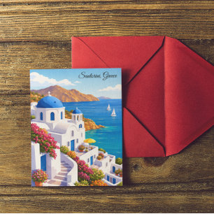 Vintage Santorini Greece Travel Colorful Island Postcard