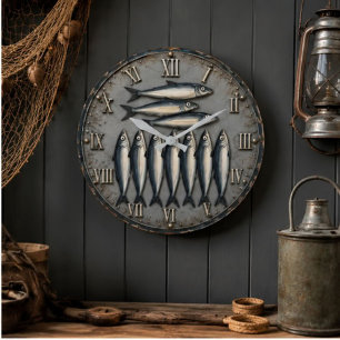 Vintage Sardines Coastal Fishing Kitchen  Large Clock