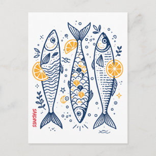 Vintage Sardines Mediterranean Fish Illustration Postcard
