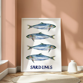 Vintage Sardines oastal Fish Illustration Wall Art