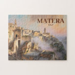 Vintage Sassi di Matera Italy Travel Watercolor Jigsaw Puzzle<br><div class="desc">Matera Italy retro vintage travel art in watercolor painting style, featuring a luminous romantic landscape of the ancient Sassi di Matera. This atmospheric European townscape captures misty light, sun-washed architecture, and soft golden tones, evoking 19th-century watercolor techniques. The historic stone dwellings of Basilicata rise through the fog in a composition...</div>