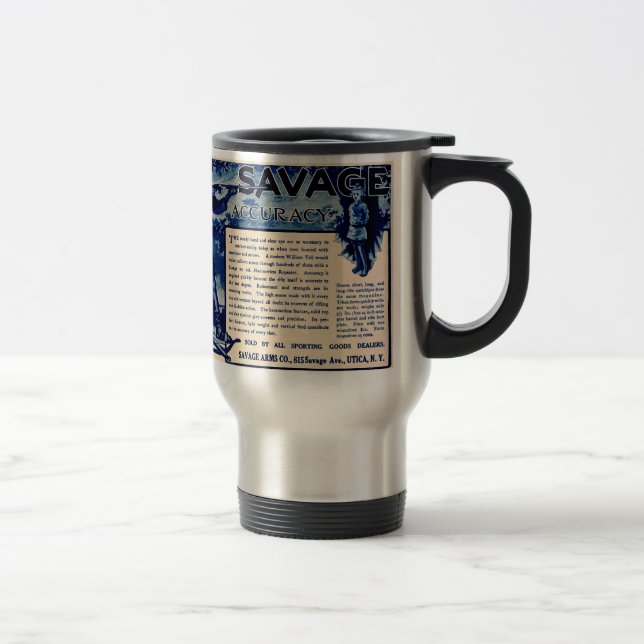 Vintage Savage Firearms Blue Gun Ad Travel Mug (Right)
