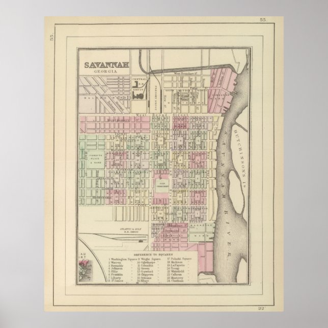 Vintage Savannah GA Map (1884) Poster (Front)